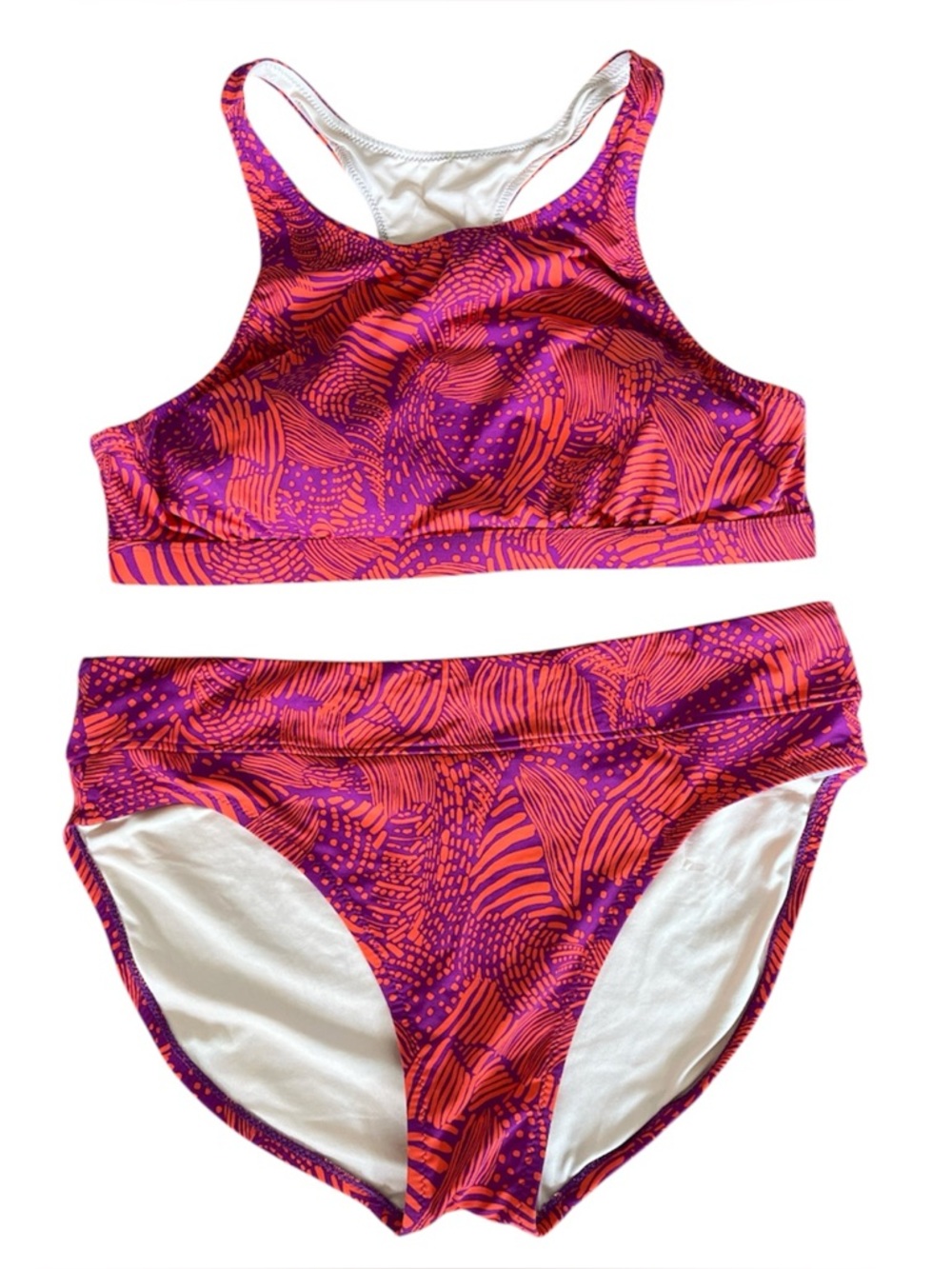 Garnet Hill Women High Neck Tankini Two-Piece Swimsuit Set Abstract Retro Sz 18